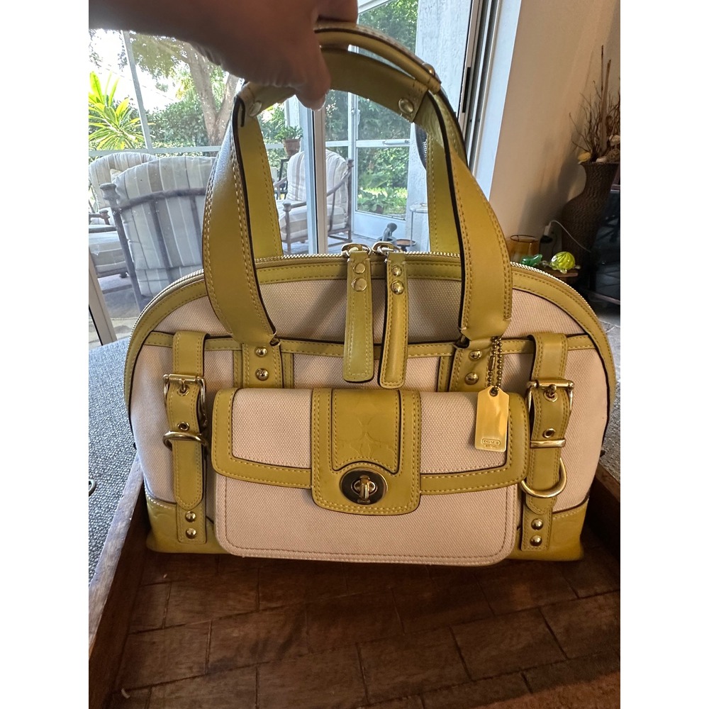 Coach Hampton Miranda 11954 Canvas Leather Satchel Ivory Lime Green Handbag EUC - Picture 12 of 16